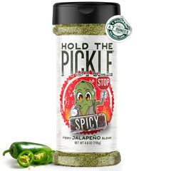Hold The Pickle Spicy Dill Seasoning bottle on counter elevating popcorn.
