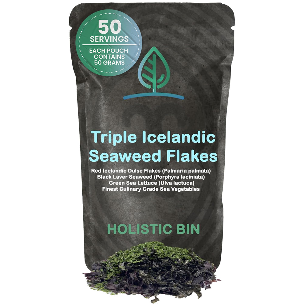 Holistic Bin triple Icelandic seaweed flakes packaging with resealable pouch for freshness.