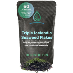 Holistic Bin triple Icelandic seaweed flakes packaging with resealable pouch for freshness.