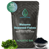Holistic Bin Wakame seaweed flakes bag closeup highlighting a fresh pantry staple for soups.