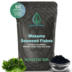 Holistic Bin Wakame seaweed flakes bag closeup highlighting a fresh pantry staple for soups.