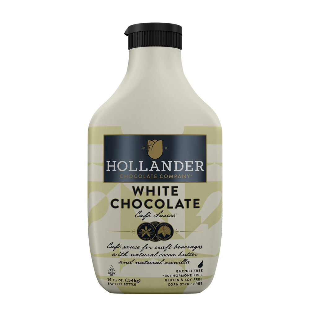Hollander White Chocolate Cafe Sauce bottle top view, showcasing convenience