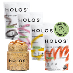 HOLOS Protein Overnight Oats jar close-up showing convenient protein breakfast option