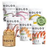 HOLOS Protein Overnight Oats jar shown for quick vegan breakfast preparation.