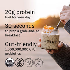 Close-up of HOLOS oats and chia showing organic, gluten-free cereal texture.