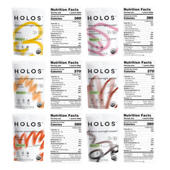 HOLOS variety pack oats displaying six flavors for versatile mornings.