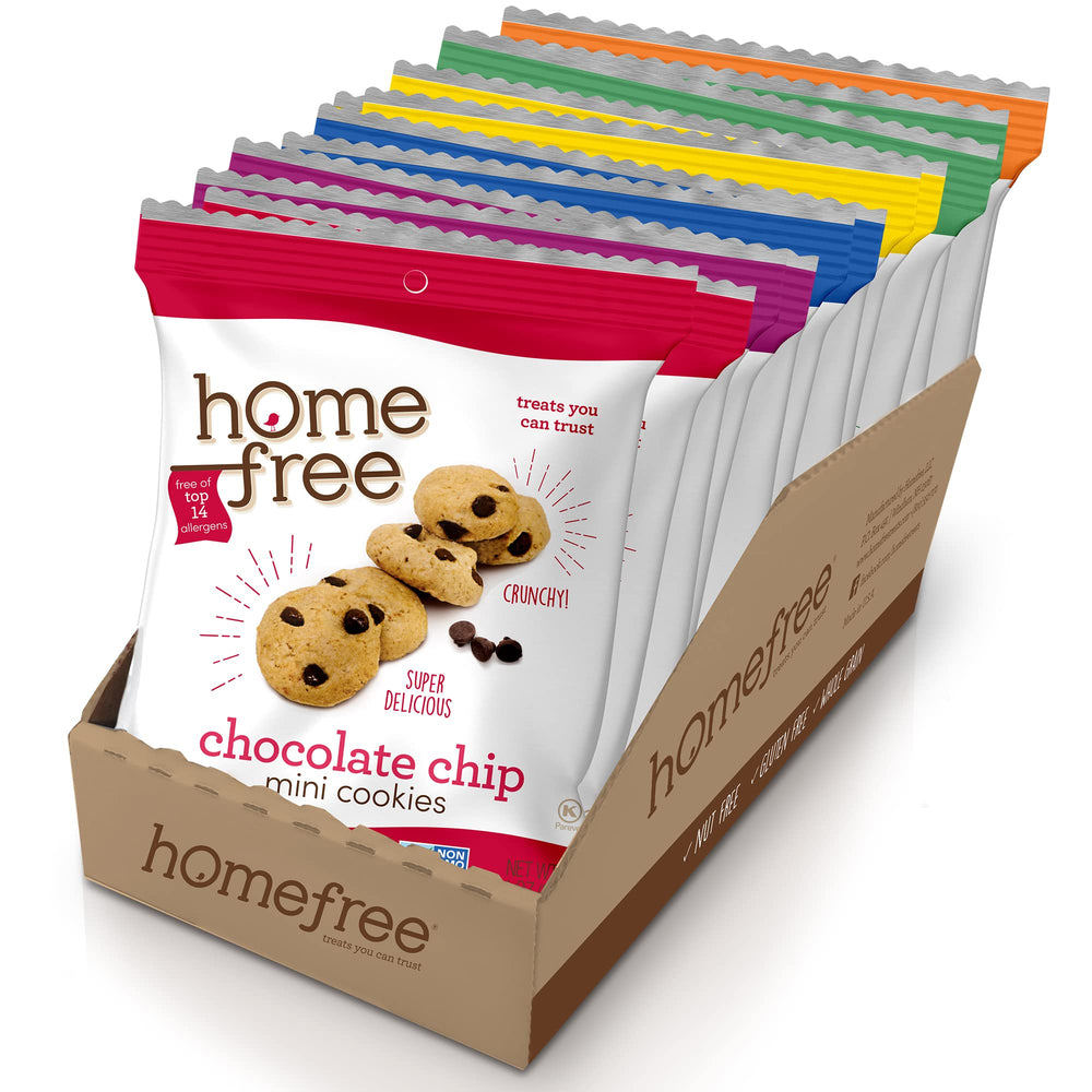 Homefree mini cookies variety pack showing six flavors for allergy friendly snacking