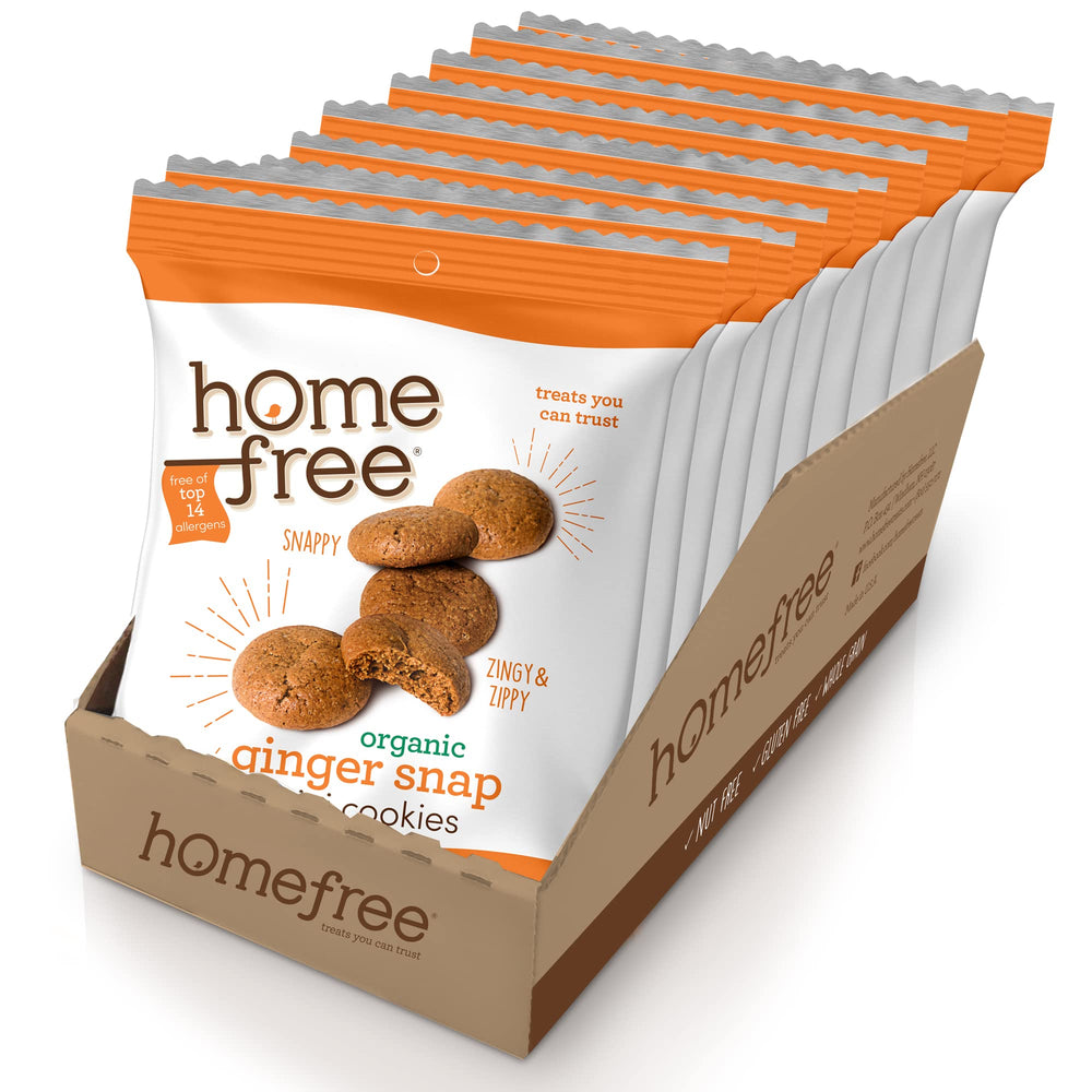 Homefree Mini Ginger Snap pack front view highlighting organic cookies ideal for lunchboxes.
