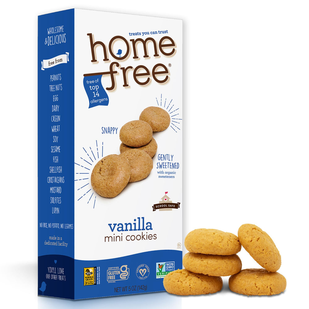 Homefree mini vanilla cookies box front, gluten-free and allergy-friendly snack.