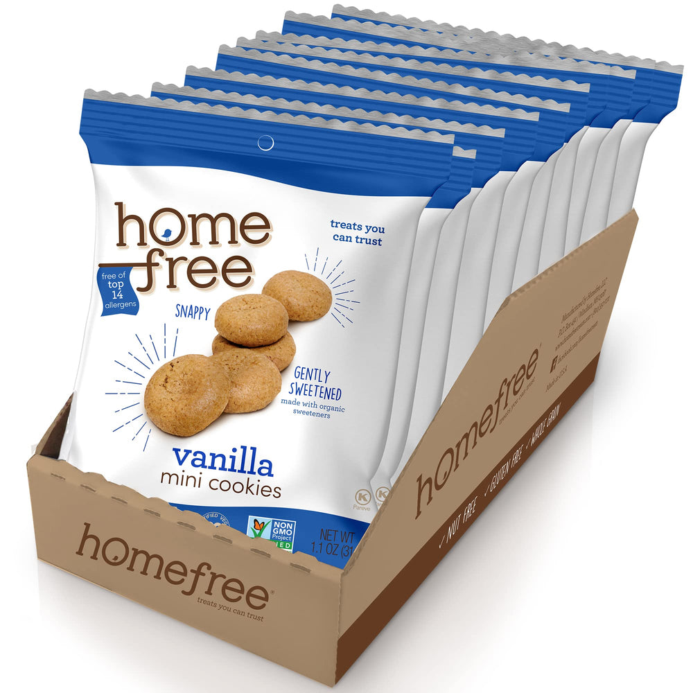 Homefree vanilla mini cookies pack close-up showcasing gluten-free on-the-go snacking.