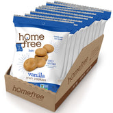 Homefree vanilla mini cookies pack close-up showcasing gluten-free on-the-go snacking.