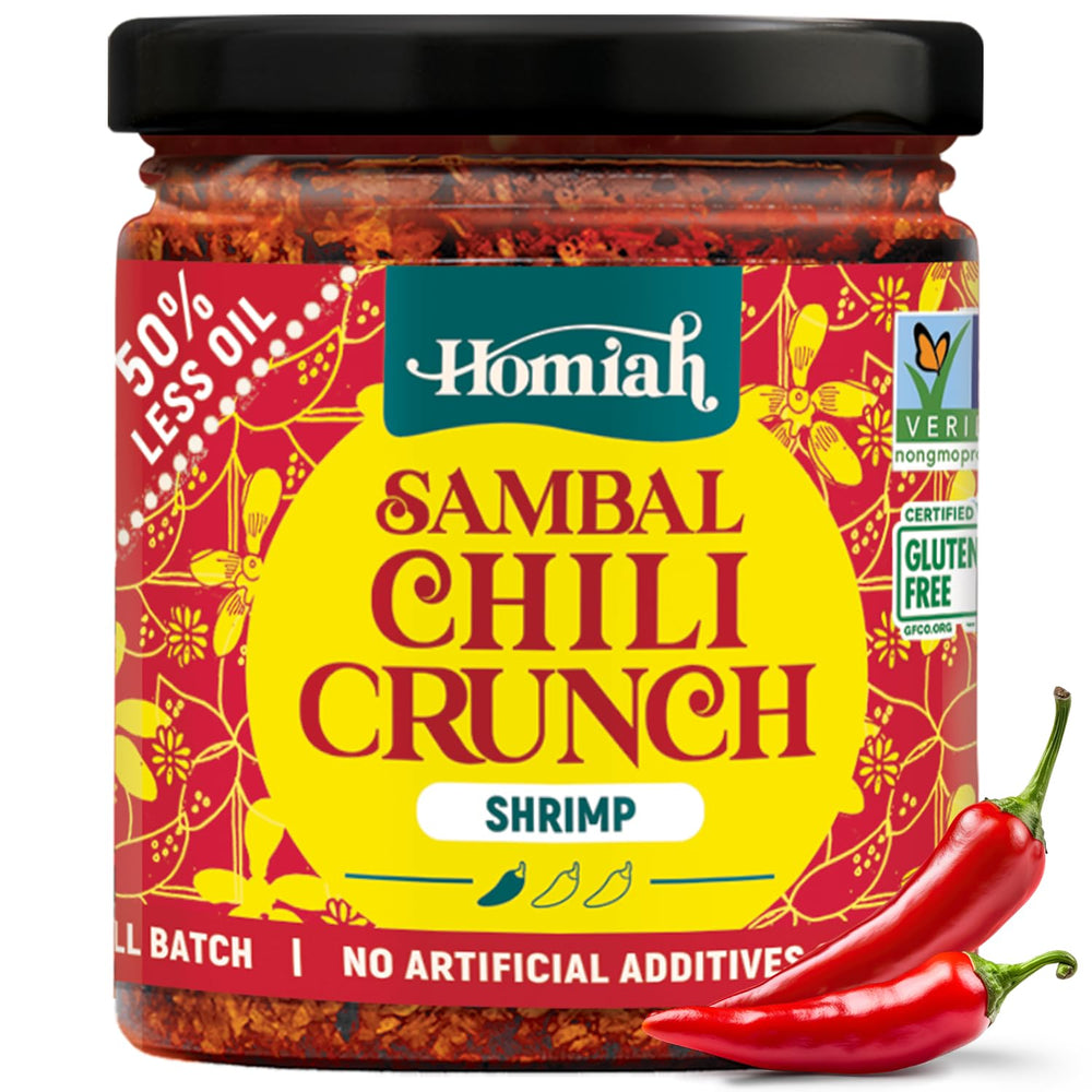Homiah Sambal Chili Crunch Shrimp pack shot showing bold flavor and crispy texture