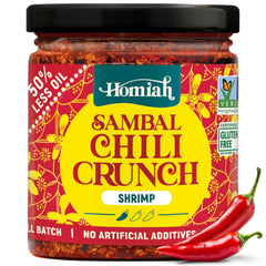 Homiah Sambal Chili Crunch Shrimp pack shot showing bold flavor and crispy texture