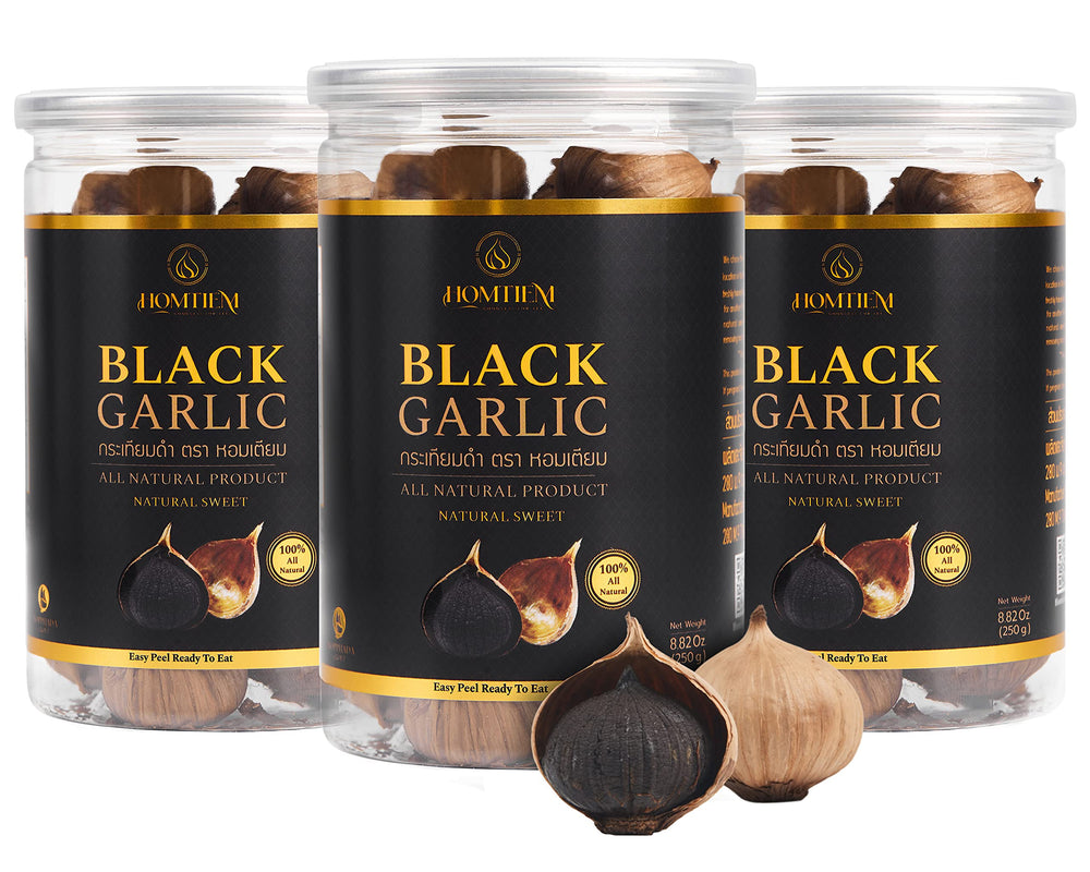 HOMTIEM Black Garlic 90-day fermentation close-up showing jelly-like texture for healthy snacking.