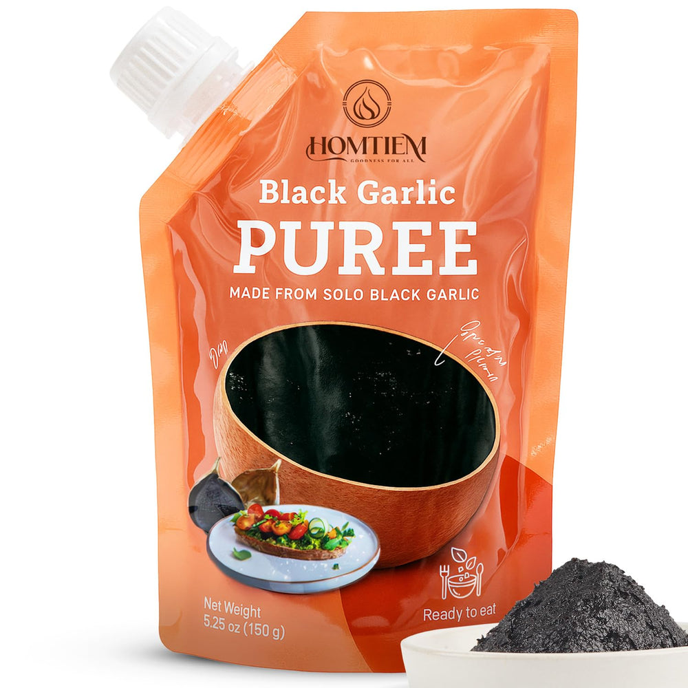 Homtiem Black Garlic Puree in stand-up pouch with spout for easy, leak-free use