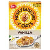 Honey Bunches of Oats Vanilla cereal box front for a quick energizing breakfast.