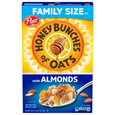 Honey Bunches of Oats with Almonds box front showing family-friendly cereal