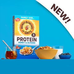 Honey Bunches of Oats close-up with crispy flakes and clusters in milk.