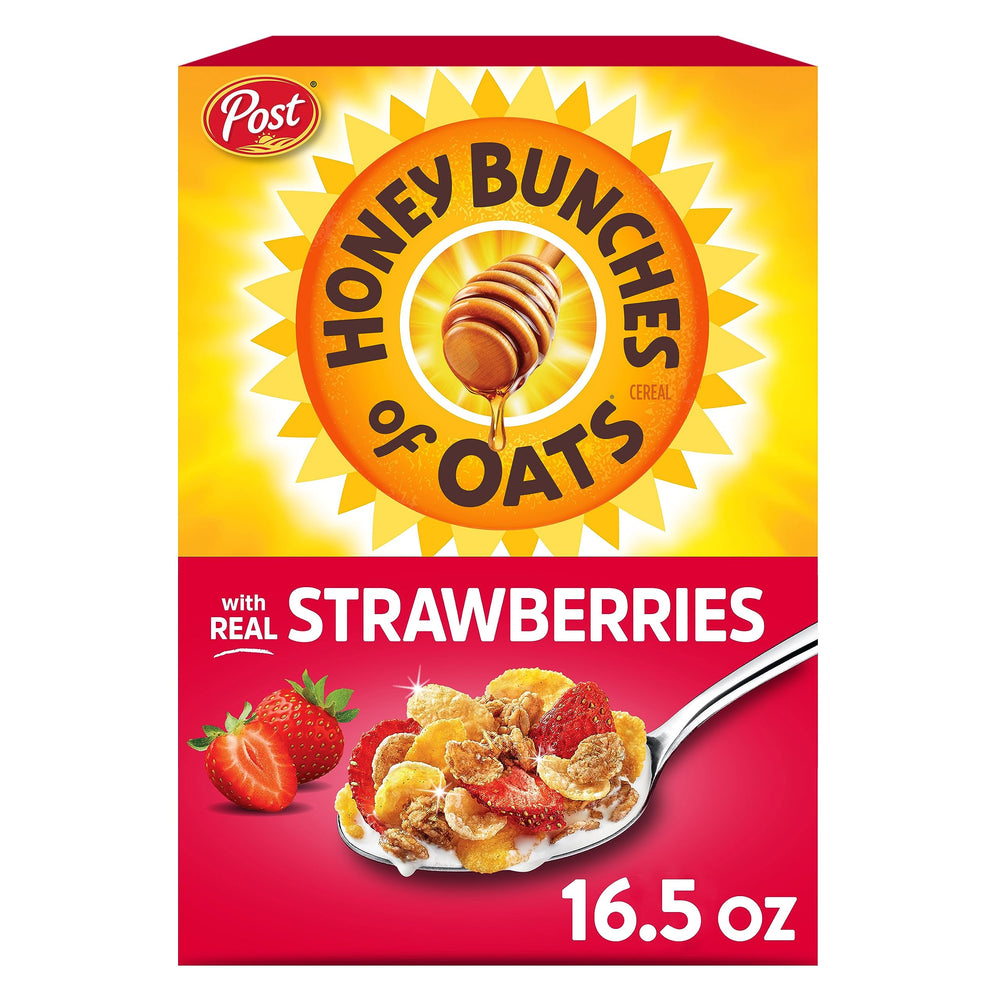 Honey Bunches of Oats with Real Strawberries bowl shows crispy flakes for a satisfying crunch