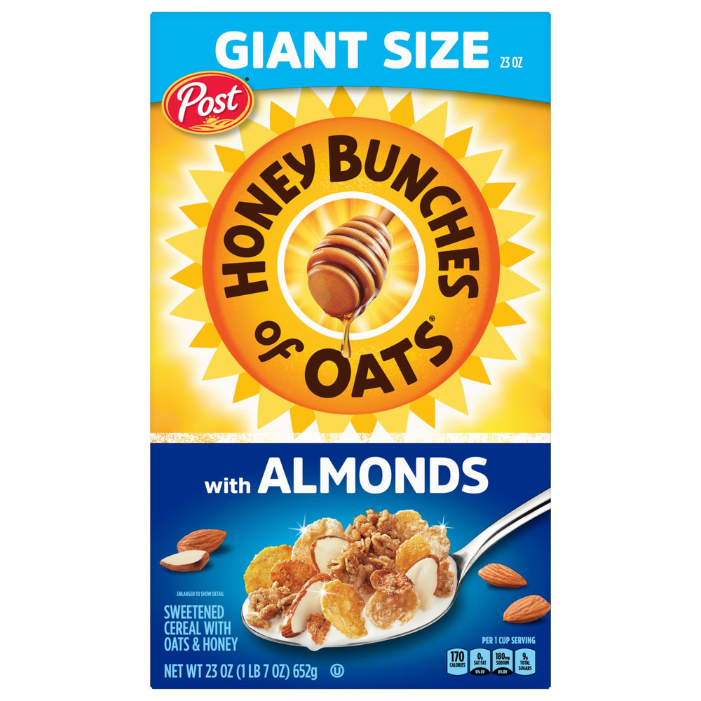 Honey Bunches of Oats with Almonds box front shows wholesome grains and texture