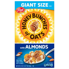 Honey Bunches of Oats with Almonds box front shows wholesome grains and texture