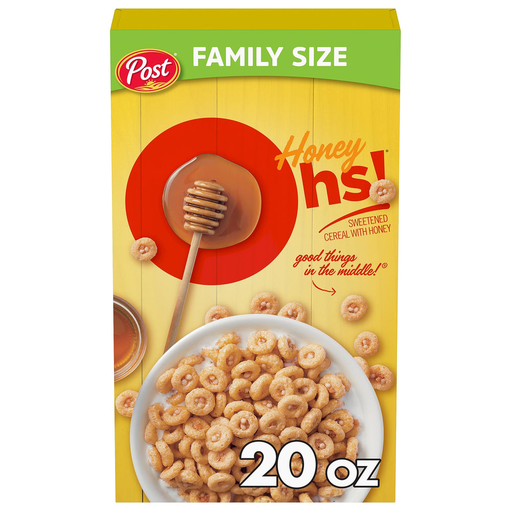 Honey Ohs! Family Size cereal with crunchy Os in a bowl for breakfast