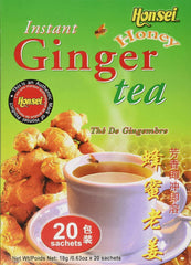 Honsei Instant Ginger Honey Tea sachets in a box for a cozy, natural cup