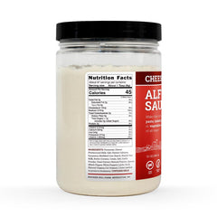 Hoosier Hill Farm Alfredo Sauce Mix ingredients jar emphasizes gluten-free, GMO-free options.