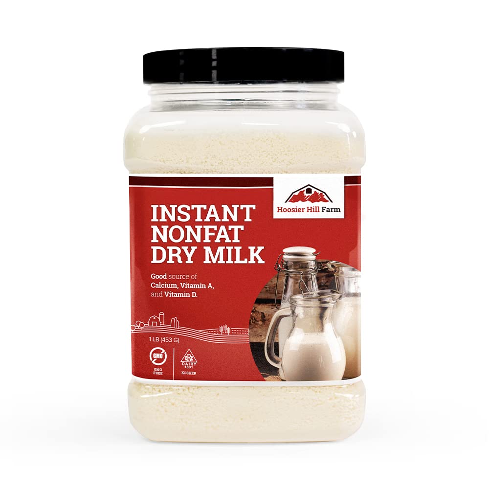 Hoosier Hill Farm instant nonfat dry milk powder 1lb pack, convenient for quick recipes.