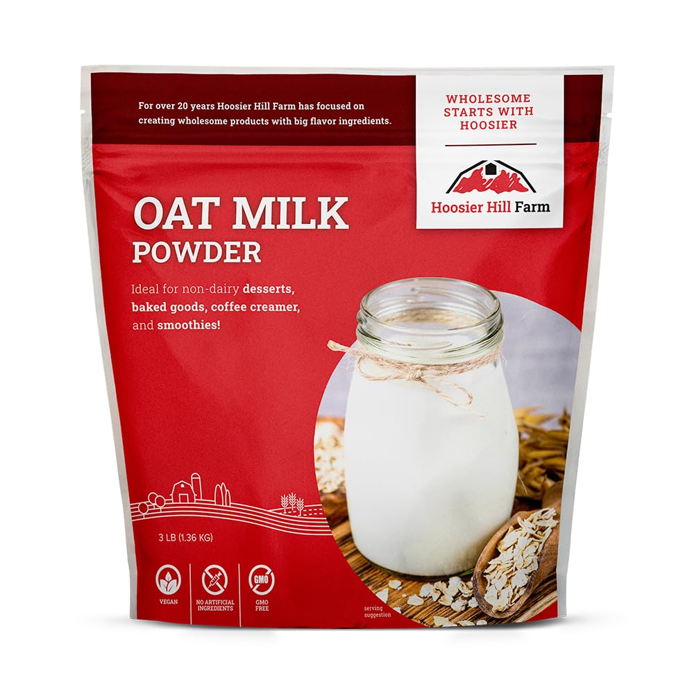 Hoosier Hill Farm oat milk powder packaging showcases a shelf-stable, dairy-free option.