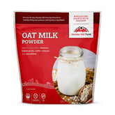 Hoosier Hill Farm oat milk powder packaging showcases a shelf-stable, dairy-free option.