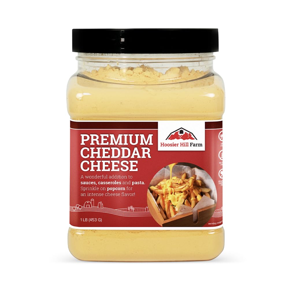 Hoosier Hill Farm Premium Cheddar Cheese Powder pack with no artificial colors for versatile cooking.