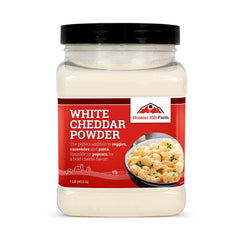Hoosier Hill Farm White Cheddar Cheese Powder bag close-up for rich cheddar flavor.