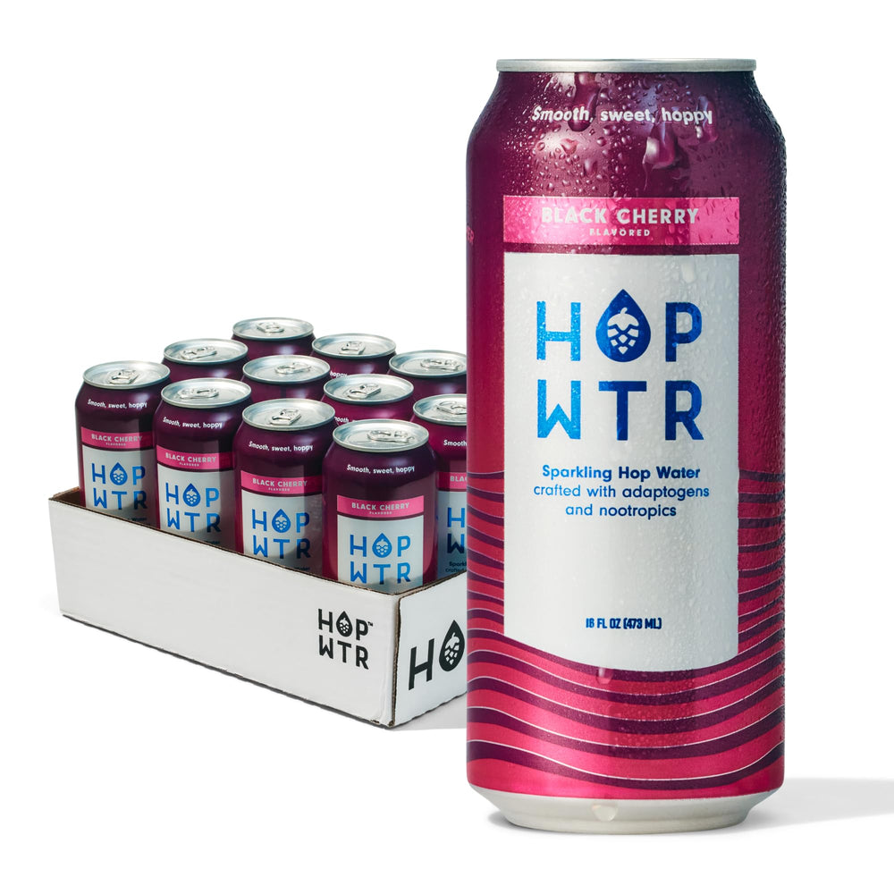 HOP WTR Black Cherry 12-pack front view, zero calories and sugar-free.