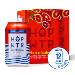 Close-up of HOP WTR Blood Orange can, zero calories and gluten-free appeal.