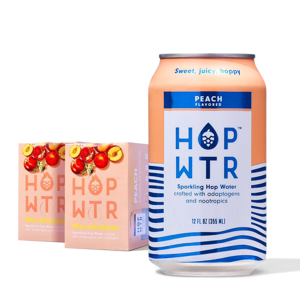 HOP WTR Peach can close-up, zero-calorie hop-forward refreshment.