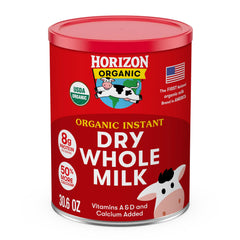 Horizon Organic Instant Dry Whole Milk Powder container ready for pantry storage.