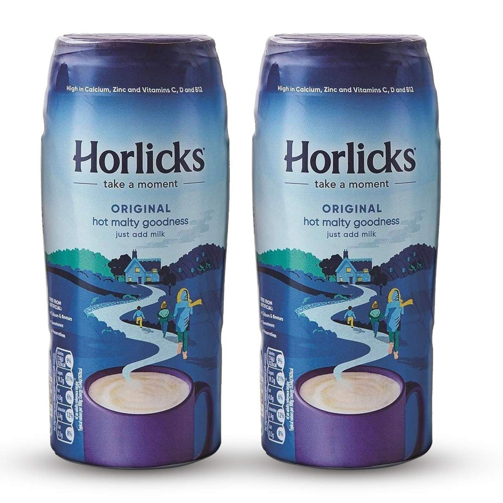 Horlicks malted milk powder jar for creamy bedtime drinks.