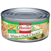 Hormel canned chicken white and dark chunks in a can, ready to add protein to meals.