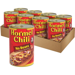 Hormel Chili No Beans 15 oz can on pantry shelf for quick weeknight meals