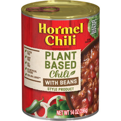 Hormel Plant-Based Chili with Beans can front showing protein per serving.