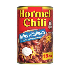 Hormel Chili Turkey with Beans on a hot dog, ideal chili dog topping.