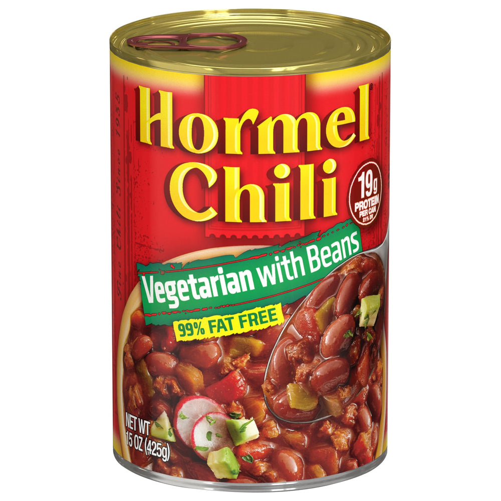 Front view of Hormel Chili Vegetarian with Beans can for quick meals