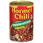 Front view of Hormel Chili Vegetarian with Beans can for quick meals