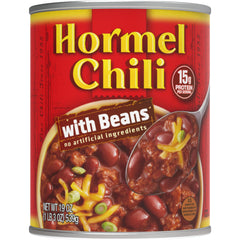 Hormel Chili with Beans 19oz pack 12 label front, convenient meal option.