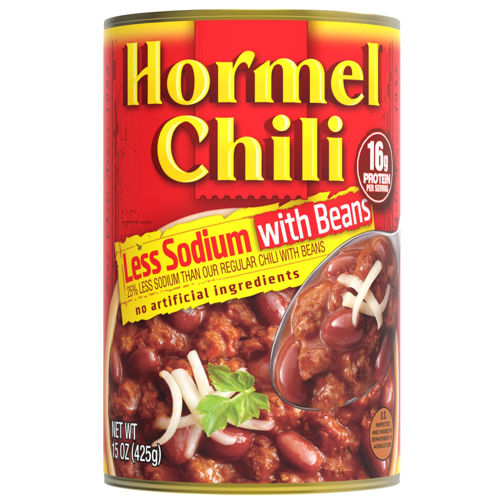 Hormel Chili with Beans Less Sodium can opened, ideal for quick bowls and dips.