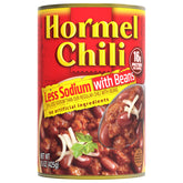 Hormel Chili with Beans Less Sodium can opened, ideal for quick bowls and dips.
