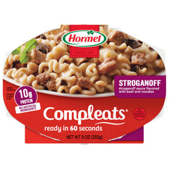Hormel Compleats Beef Stroganoff tray close-up shows tender beef and creamy sauce for quick meals.