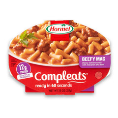 Hormel Compleats Beefy Mac & Cheese tray front view—quick, ready in minutes.