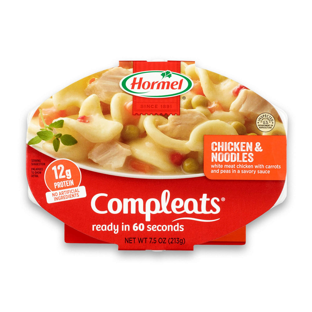 Hormel Compleats chicken and noodles microwave tray ready for a quick meal